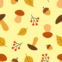 Autumn pattern on a beige background. Vector background with leaves, mushrooms and berries. Perfect for fabric, wallpaper, notebooks, wrapping paper, scrapbooking