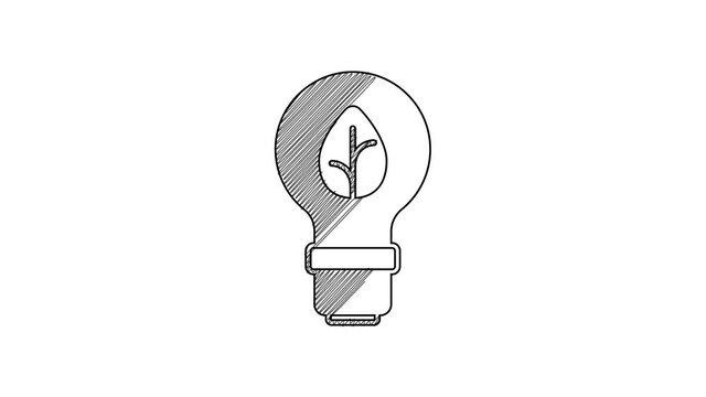 Black line Light bulb with leaf icon isolated on white background. Eco energy concept. Alternative energy concept. 4K Video motion graphic animation