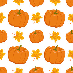 Autumn seamless pattern with ginger pumpkins and maple leaves. Print for Halloween, Thanksgiving, textile and design