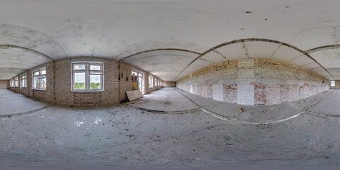 360 seamless hdri panorama view inside empty long corridor hall of abandoned house with concrete...