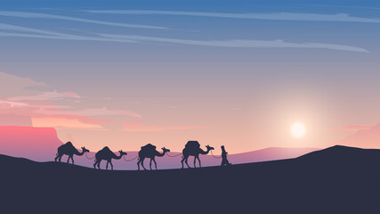 caravan of camels at sunset arabic desert - obrazy, fototapety, plakaty