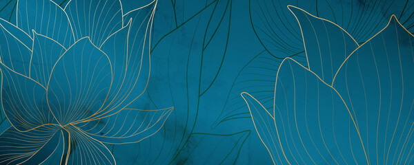 luxury artistic background with gold and blue lotuses for social media and web banner decoration