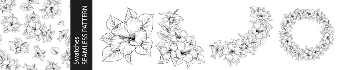 Set of different branches of hibiscus flowers, seamless pattern and circle frame on white background. © Kotkoa