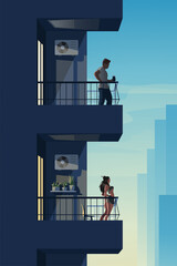 two different neighbors on balconies at sunset