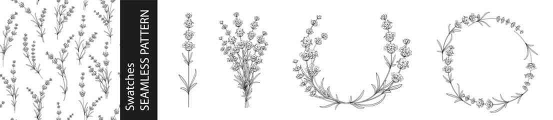 Set of different branches of lavender flowers, pattern and circle frame on white background. © Kotkoa