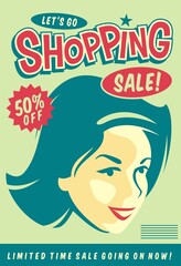 Go shopping creative retro sale banner design with pretty woman portrait. Vector illustration for seasonal discount. Comic style retail and shopping flyer idea.