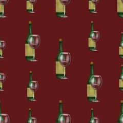 Bottle and glass of red wine, Seamless pattern on a red background by acrylic.