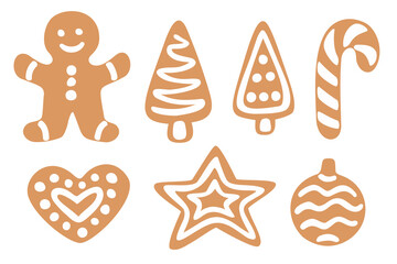 Set of gingerbreads in different shapes: star, Christmas tree, heart, gingerbread man, candy canes, ball. Vector hand drawn elements isolated on white background.