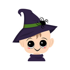 Avatar of a child with big eyes and a wide happy smile in a pointed witch hat with a spider. The head of a toddler with a joyful face. Halloween party decoration