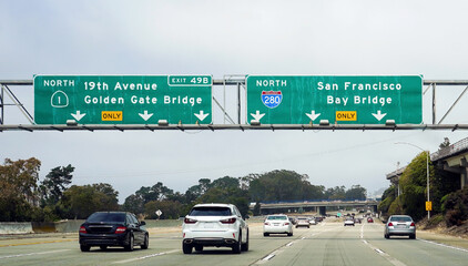 Golden Gate and Bay Bridge highway signs.  