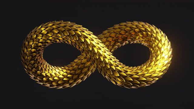 cycled animation of 3d infinity symbol with golden scales texture, isolated on black background. Abstract animated moving snake