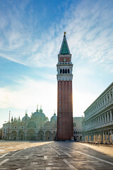 view to St. Mark's square with campanile and basilica in early morning, Venice