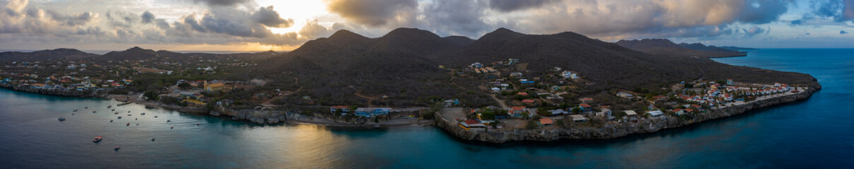Aerial view above scenery of Curacao, the Caribbean with ocean and coast