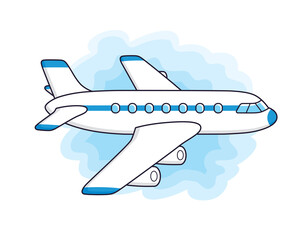 White jet airplane in blue sky cartoon vector icon