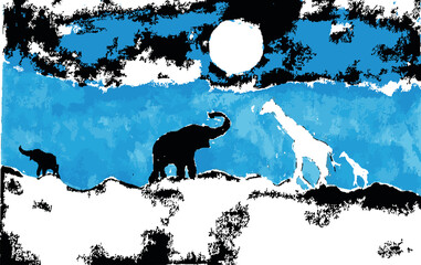 Vector Watercolor painting of  night wild life of a elephant and giraffe