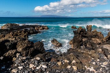 Fototapeta na wymiar Kanaio Beach And The Blue Waters Of La Perouse Bay, Makena-La Perouse State Park, Maui, Hawaii, USA