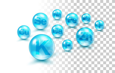 Mineral Complex Colorful Vector Design Concept Isolated On Transparent Background. Potassium, Iron, Calcium, Magnesium, Zinc, Phosphorus, Copper, Iodine, Manganese, Selenium, Sodium.