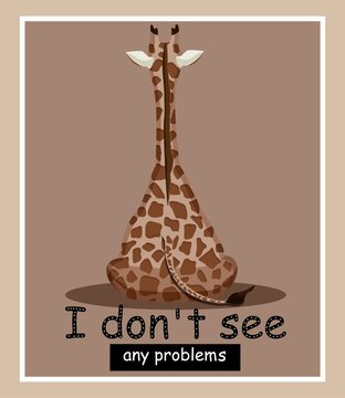 The giraffe sits with its back. Concept. Flat style. Poster. Stock Vector illustration. Beige background. Collection. Herbivorous african spotted animal. Cartoon. Funny design.