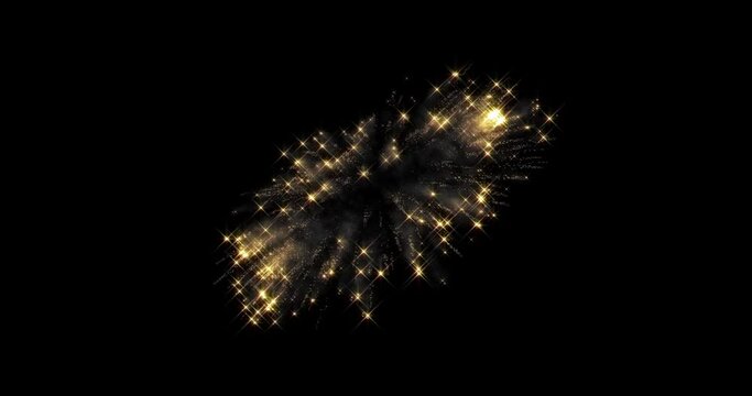 Golden fireworks background, gold glitter sparkling and fire light sparks. Glowing sparkles shine of golden firecrackers, party celebration fireworks flashes on black sky background