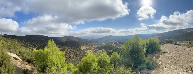 Panoramic aerial view of the mountains in the spring season