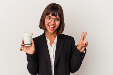 Young mixed race business woman holding a coffee isolated on white background showing number two with fingers.