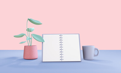 3D illustration of blank notebook on desk with mug and house plant. Copy space. 3d render.