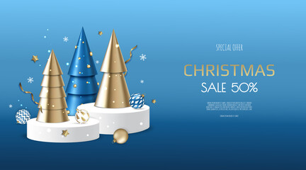 Christmas and New Year background. Conical Gold Christmas Trees. Winter holiday composition. Greeting card, banner, poster, header for website