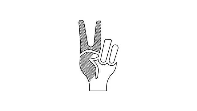 Black line Hand showing two finger icon isolated on white background. Hand gesture V sign for victory or peace. 4K Video motion graphic animation