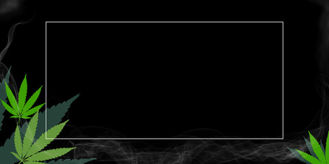 Banner of green leaves of cannabis on a black background. In the center is a place for your text. Long horizontal banner. 
