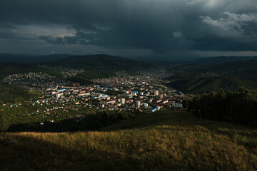 Sunset view of Gorno-Altaysk from the observation deck on Mount Tugaya