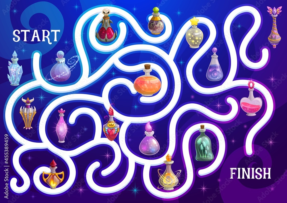 Poster halloween maze or labyrinth game with vector magic potion bottles. kids education puzzle of find rig