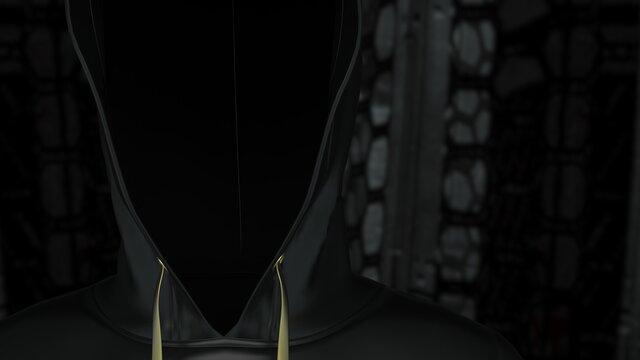 Anonymous hacker wearing a black hoodie with a golden string in shadow under spaceship inside background. Dangerous criminal concept image. 3D CG. 3D illustration. 3D high quality rendering.