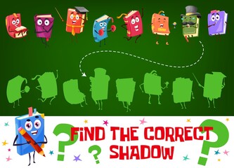 Find a correct shadow of cartoon book character. Kids game worksheet, logical puzzle or riddles book page with funny school books silhouettes matching task, correct shadows searching play activity