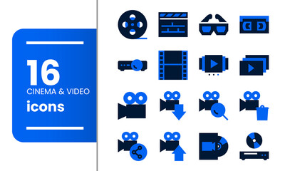 Set of 16 Cinema & Video duotone solid icons