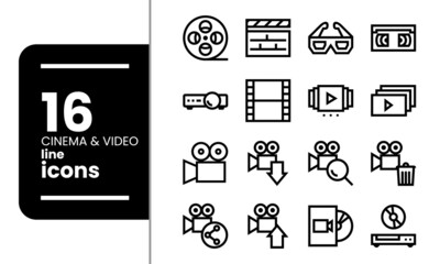 Set of 16 Cinema & Video line icons