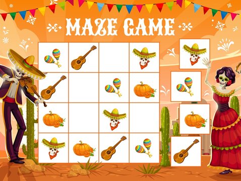 Sudoku game with Dia de los Muertos holiday, Mexican fiesta, vector background. Sudoku puzzle game with Mexican Catrina and calavera, skull in sombrero with violin, mariachi and papel pecado flags