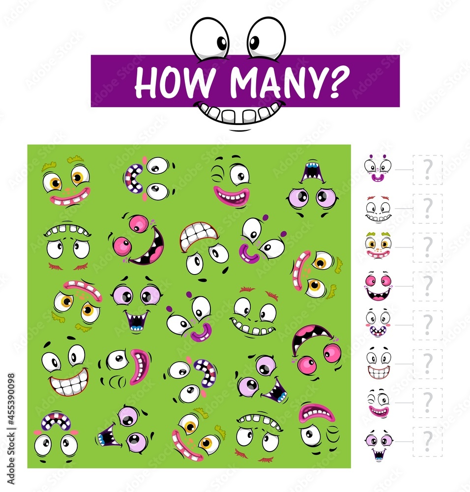 Poster counting game or puzzle with monster faces, vector children education. counting math tasks for schoo