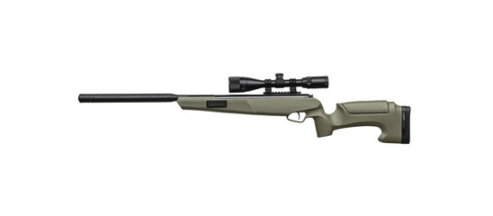 Khaki pneumatic rifle with an optical sight isolated on white back. Safe weapon for sports and...