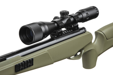 Khaki pneumatic rifle with an optical sight isolated on white back. Safe weapon for sports and entertainment.
