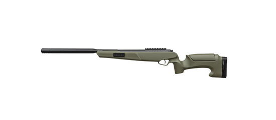 Khaki pneumatic rifle with an optical sight isolated on white back. Safe weapon for sports and...
