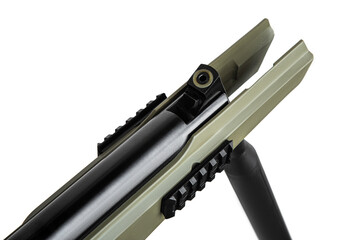 Khaki pneumatic rifle with an optical sight isolated on white back. Safe weapon for sports and...