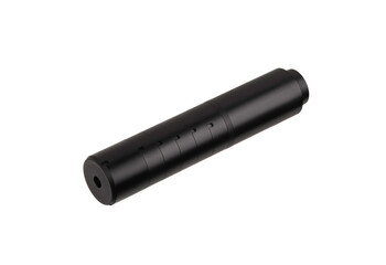Black silencer for weapons. Suppressor that is at the end of an assault rifle.