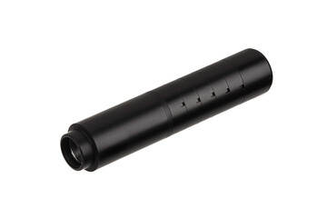 Black silencer for weapons. Suppressor that is at the end of an assault rifle.