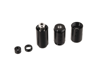 Black silencer for weapons. Suppressor that is at the end of an assault rifle.