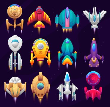 Cartoon galaxy space starships, game asset. Vector spacecraft rockets, space craft ships, fantasy vehicles with jet engine, portholes and wings for travel in outer space. Futuristic shuttles top view