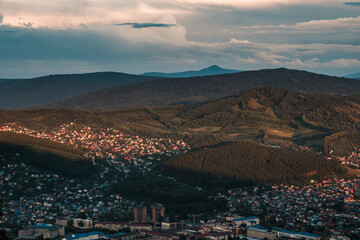 Sunset view of Gorno-Altaysk from the observation deck on Mount Tugaya
