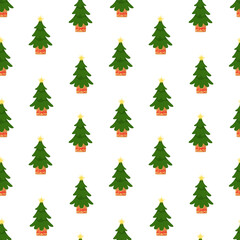 Vector seamless pattern with Christmas tree in a tub. Holiday illustration for fabrics, wrapping paper, scrapbooking or brand package.