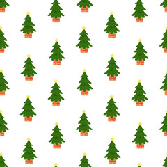 Vector seamless pattern with Christmas tree in a tub. Holiday illustration for fabrics, wrapping paper, scrapbooking or brand package.