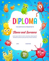 Cartoon funny microbe and virus characters. Kids diploma vector certificate with cute bacteria, germs and micro organisms with funny faces. Template for hygiene, medicine and health care award frame