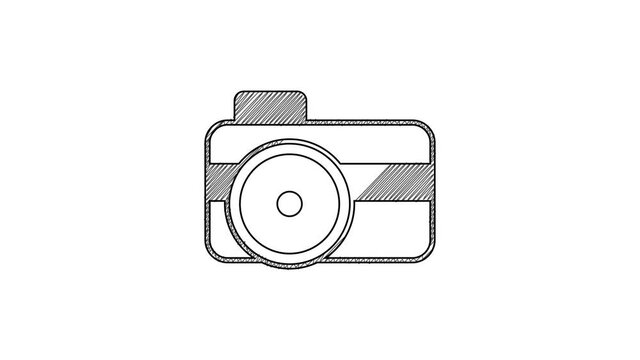 Black line Photo camera for diver icon isolated on white background. Foto camera icon. Diving underwater equipment. 4K Video motion graphic animation